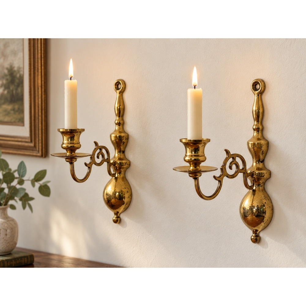 Vintage Solid Brass Wall Sconce Pair Teardrop Scroll Arm Candle Holders 9 Inch